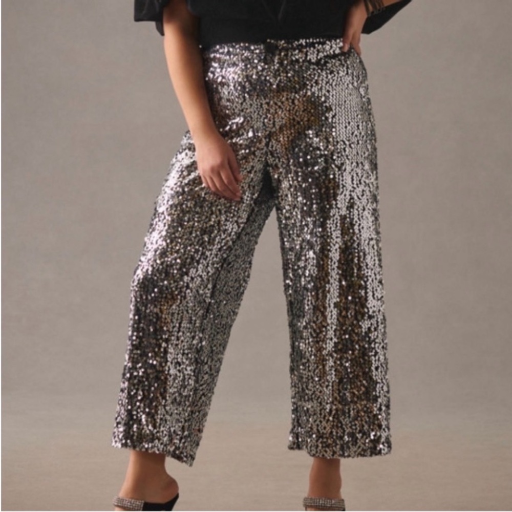 Maeve by Anthropologie “Collette” size 32 black wide leg cropped sequin pants